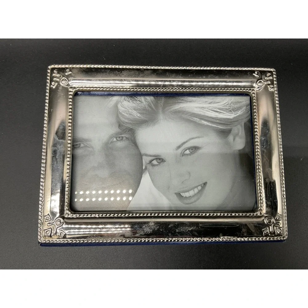 Silver Tone Picture‎ Frame Jewelry Box Velvet Lined Mirror Coquette Decor